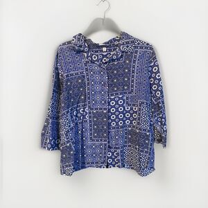 Rebecca Malone Women’s 1X Blouse Blue Floral Geometric Plus Button Front Collar